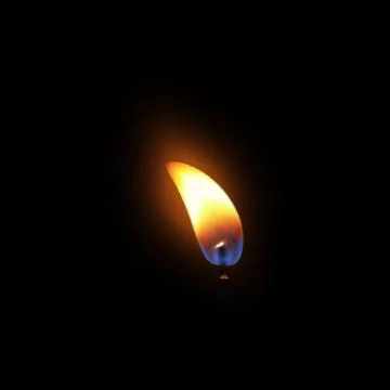 Curved shape of burning, glowing flame on wick, isolated black background. Stock Illustration