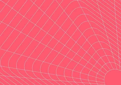 Curved square perspective grid distorted wireframe linear vector background pink Stock Illustration