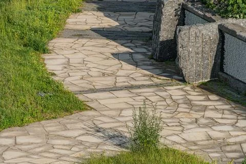 Curved stone path with worn rectangular stones, grasses and small plants gr.. Stock Photos