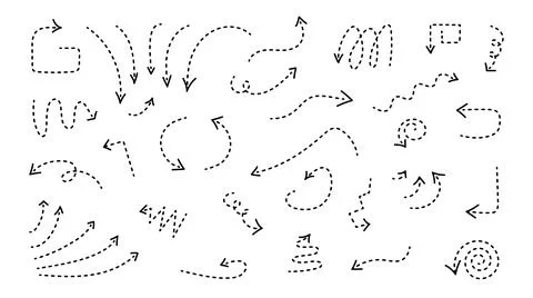 Curved thin arrows drawn by hand pointing in different directions. Doodle poi Stock Illustration