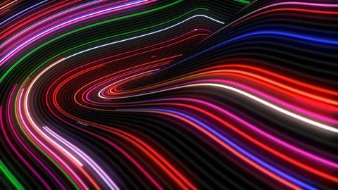 A curved three-dimensional figure consisting of multi-colored lines moving .. Stock Illustration