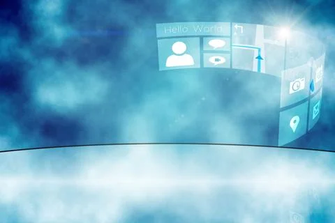 Curved UI panel is floating above misty reflective floor in 3D render, showing Stock Illustration