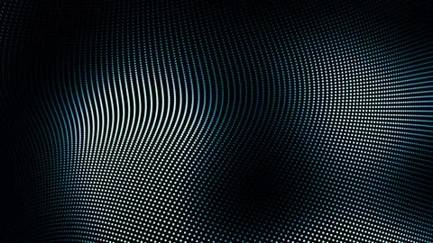 Curved undulating luminous dot matrix ripples on blue and black background Illustrazione stock