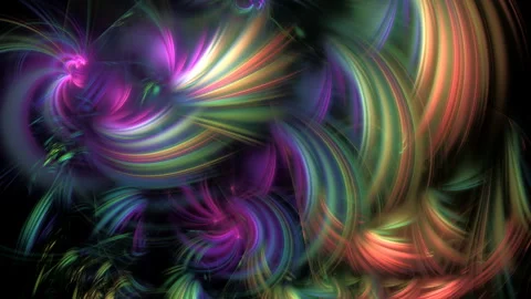 Curved vibes, colorful rays, fluids iridescent revolving on dark space. Stock Footage 337986477