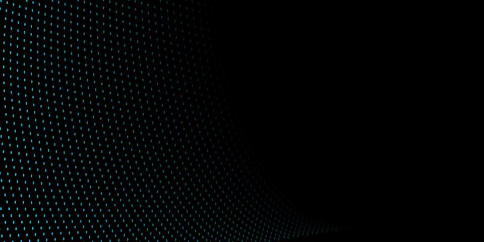 Curved wavy halftone pattern in soft blue on the left over black background.. Illustrazione stock
