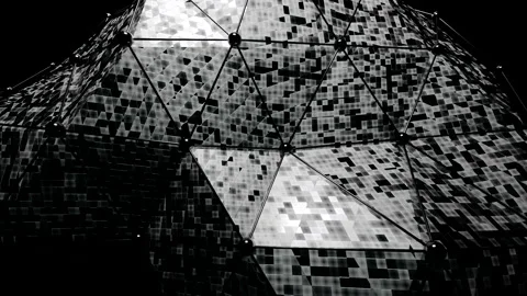 Curving 3d shape with mesh. Design. Expanding shell with triangular grid of dots Stock Footage 172316947