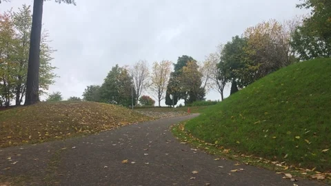 Curving asphalt pathway winding between grassy mounds and autumn trees Stock Footage 347597699