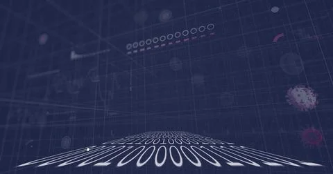 Curving binary plane drawing depth toward horizon in cyberspace with grid lines Stock Photos