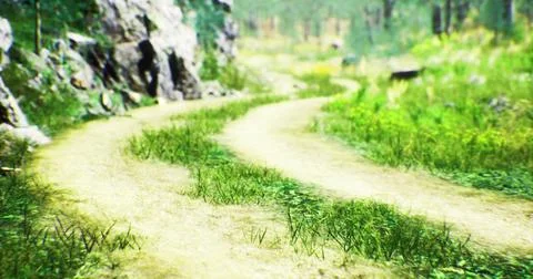 Curving dirt path through green landscape surrounded by trees and rocks イラスト素材
