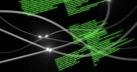 Curving metallic cables overlapping in dark void, emitting white connectors and Illustrazione stock