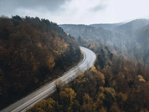 Curving mountain road winds through misty autumn forest valley Stock Photos