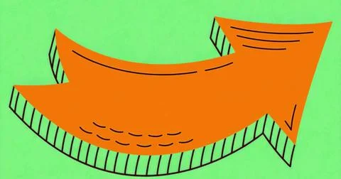 Curving orange arrow pointing right on lime green backdrop, showing hatch Stock Illustration