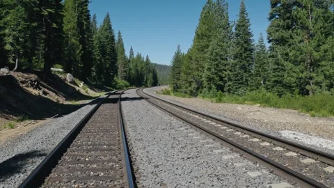 Curving railroad tracks through pine forest in Sierra Nevada mountains 動画素材 342278656