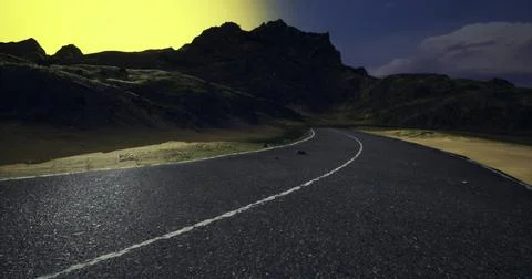 Curving road through a dramatic landscape under a colorful sky at dusk Stock-Illustration