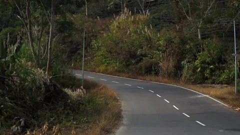 Curving rural road passing through forested hillside landscape Stock Footage 330702795