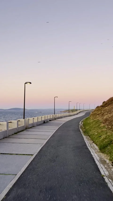 Curving waterfront path with lamps at twilight Stock Footage 334807262
