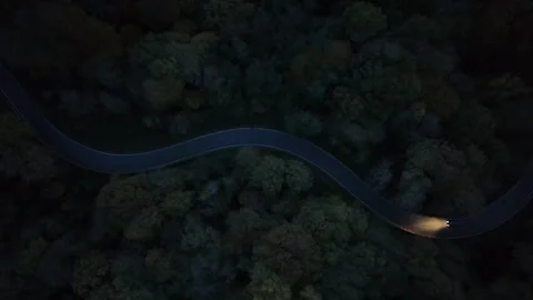 Curvy Forest Road at Night with Car Lights – Aerial View Stock-Footage 327976033