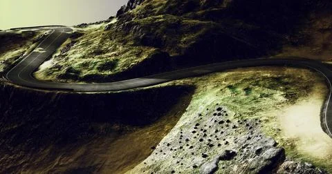 Curvy mountain road winding through rocky landscape under soft light Stock Illustration
