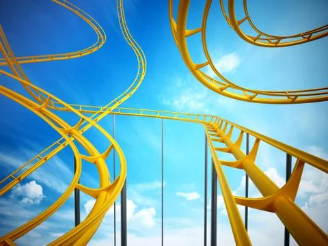 Curvy roller coaster rails in the sky. 3D illustration Illustrazione stock