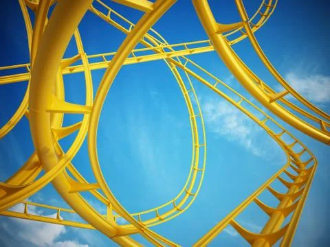 Curvy roller coaster rails in the sky. 3D illustration Illustrazione stock