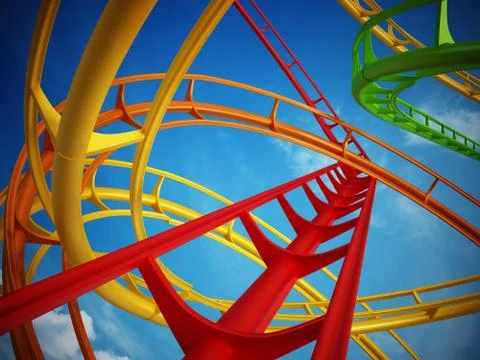 Curvy roller coaster rails in the sky. 3D illustration Illustrazione stock