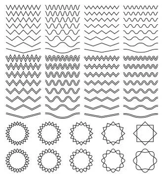 Curvy waves and zigzag striped lines and round jagged frames vector set Illustrazione stock
