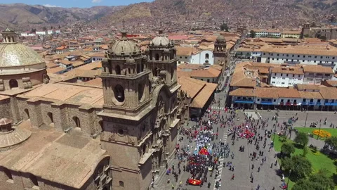 Cusco Cathedral aerial drone top view Stock Footage 122345901