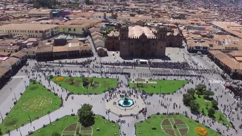 Cusco Cathedral aerial drone top view Stock Footage 122346469