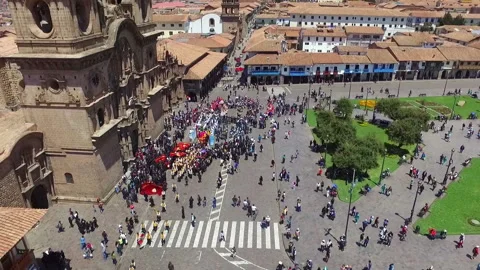 Cusco Cathedral aerial drone top view Stock Footage 122347164