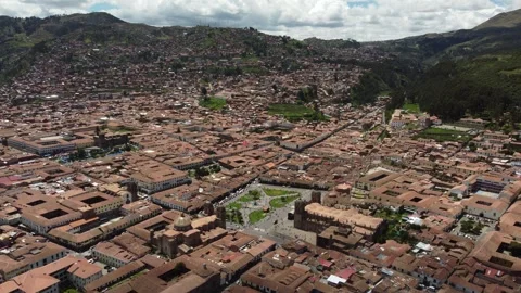 Cusco main square plaza de armas panning aerial view Stock Footage 337807132