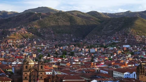Cusco Plaza de Armas main square city of Cuzco Peru cityscape landscape rainy Stock Footage 340964726