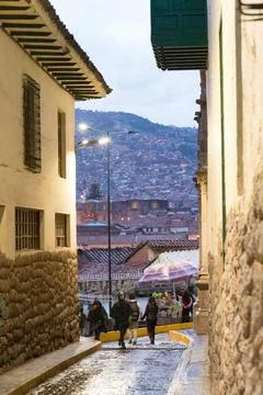Cusco, Provincia de Cusco, Peru - October 16, 2018: Cusco Streets at Dusk - Stock Photos