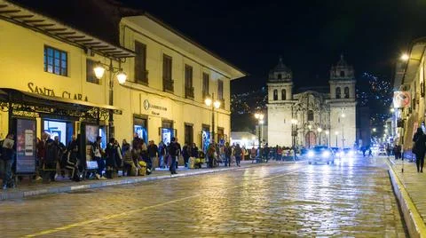 Cusco, Provincia de Cusco, Peru - October 17, 2018: Cusco Street Scene at Night, Stock Photos