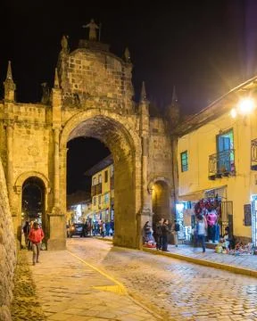 Cusco, Provincia de Cusco, Peru - October 17, 2018: Cusco Street Scene at Night Stock Photos