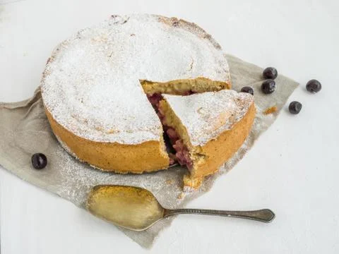 Custard pie with cherry Stock Photos