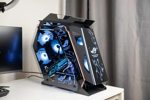 Custom computer case with neon lighting and open structure. High gaming PC Stock Photos