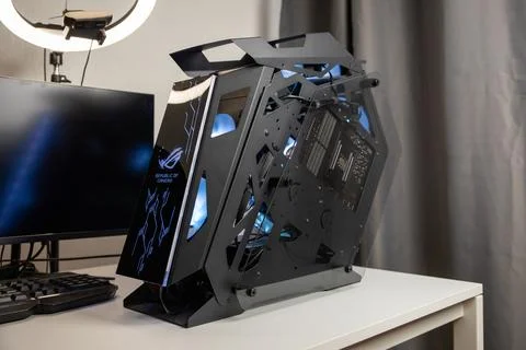 Custom computer case with neon lighting, open structure. gaming PC Stock Photos