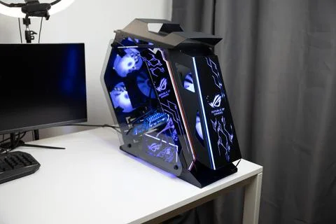 Custom computer case with neon lighting and open structure. gaming PC Stock Photos