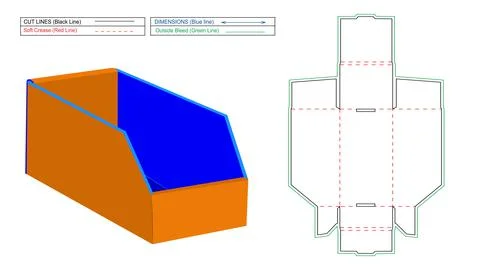 Custom corrugated Bin Box dieline template and 3D render Stock Illustration
