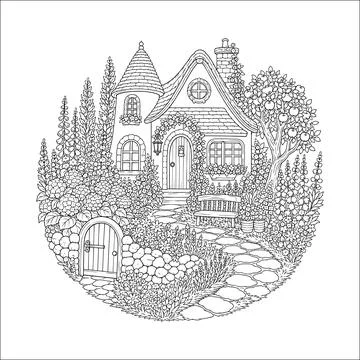 Custom Cottage Embroidery Pattern Floral Garden House Round Hoop Hand Embroidery Stock Illustration