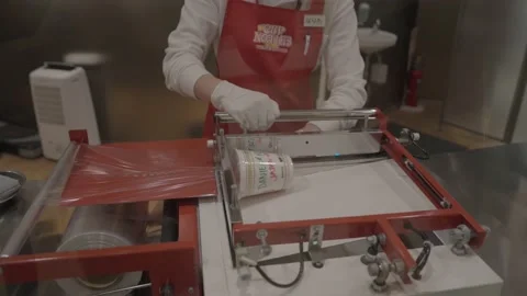 Custom cup noodle being sealed in factory Stock Footage 228754871