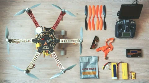 Custom drone (hexacopter) testing and run on the wooden floor Stock-Footage 64731769