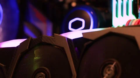 Custom gaming PC interior: refrigeration fans and LED lights. Video stock 250511159