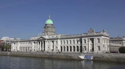 Custom House Dublin River Liffey deep blue sky green dome Stock Footage 64860953