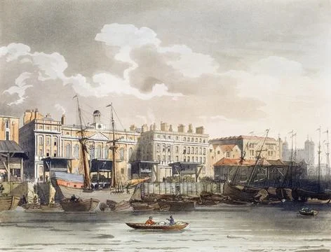 Custom House from the River Thames.  Circa 1808.  After a work by August Pugin a Stock Illustration