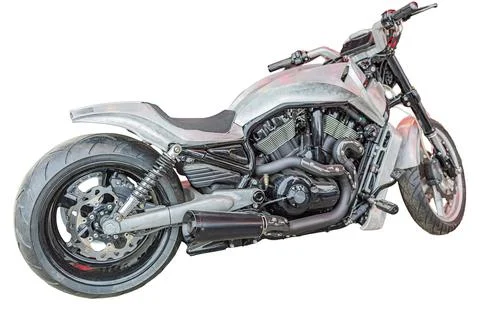 Custom motorcycle against white background, sleek design, exposed engine, m.. Stock Photos