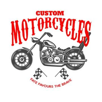 Custom motorcycles. Emblem template with old style motorcycle. Design element Illustrazione stock