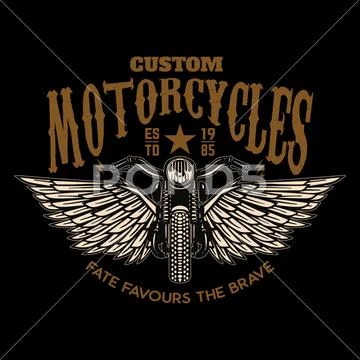 Custom motorcycles. Winged motorbike on black background. Design element for Stock Illustration
