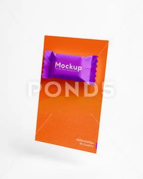 Custom paper candy mockup attached to a card floating on a white background PSD Template
