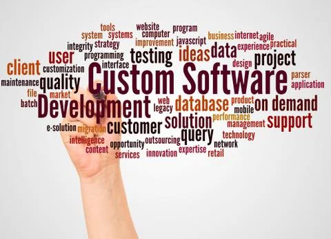 Custom Software Development word cloud and hand with marker concept Stock Photos